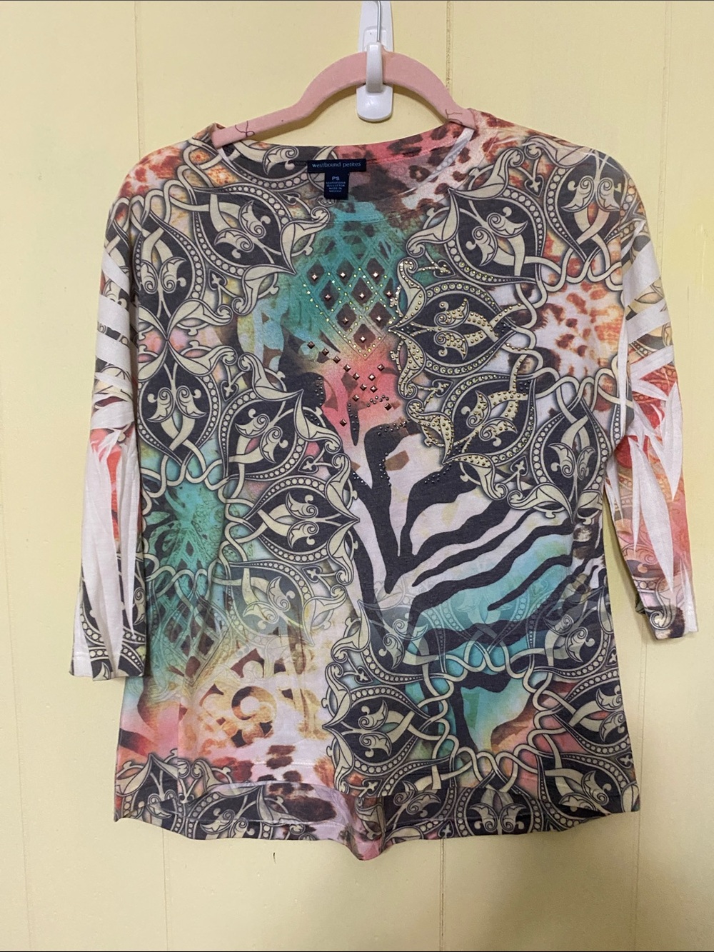Westbound Petites Small Multi-Color Ornate Print Rhinestone Top